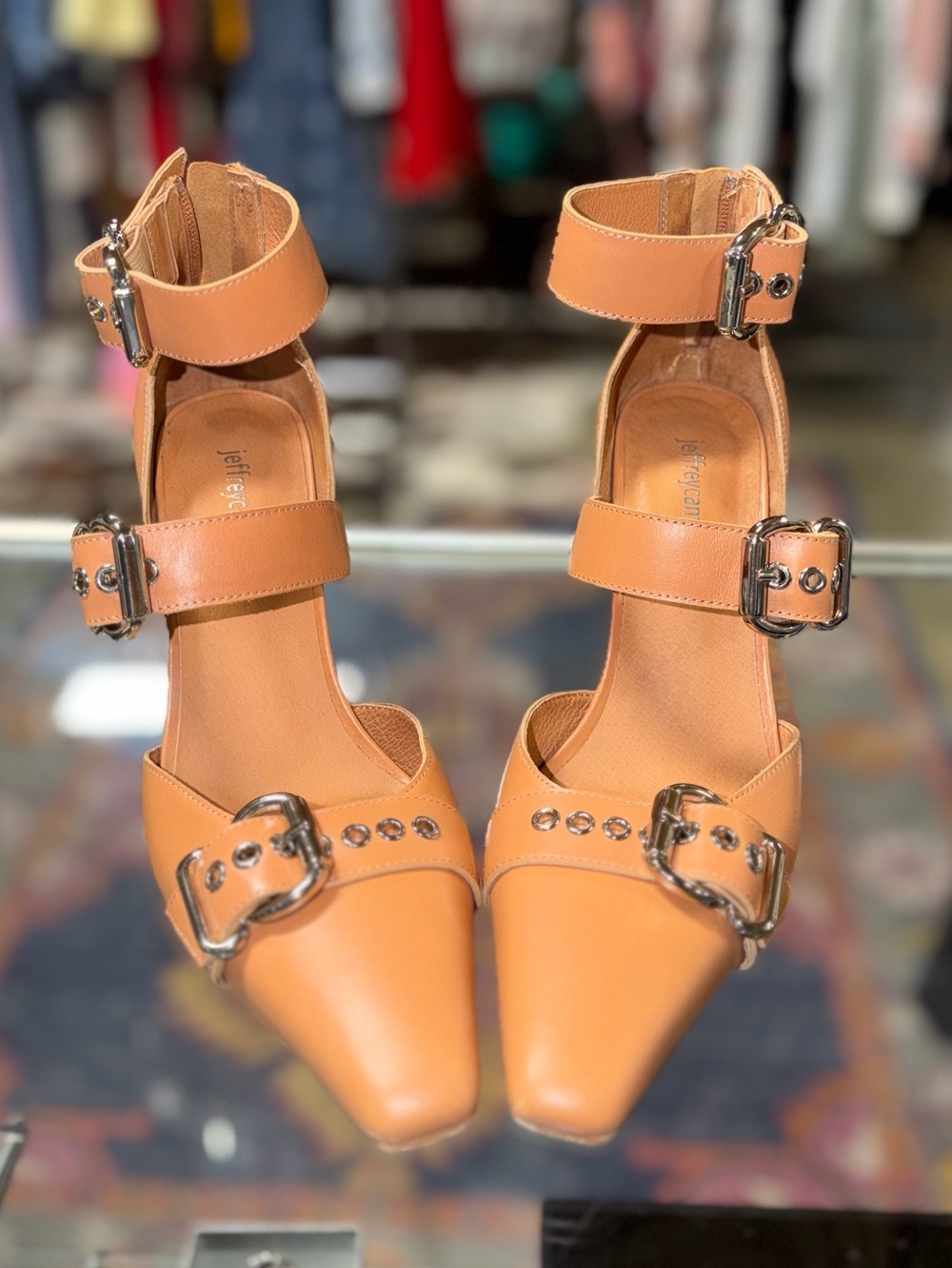 Jeffery Campbell “Evander” moto heels buckle zip Tan